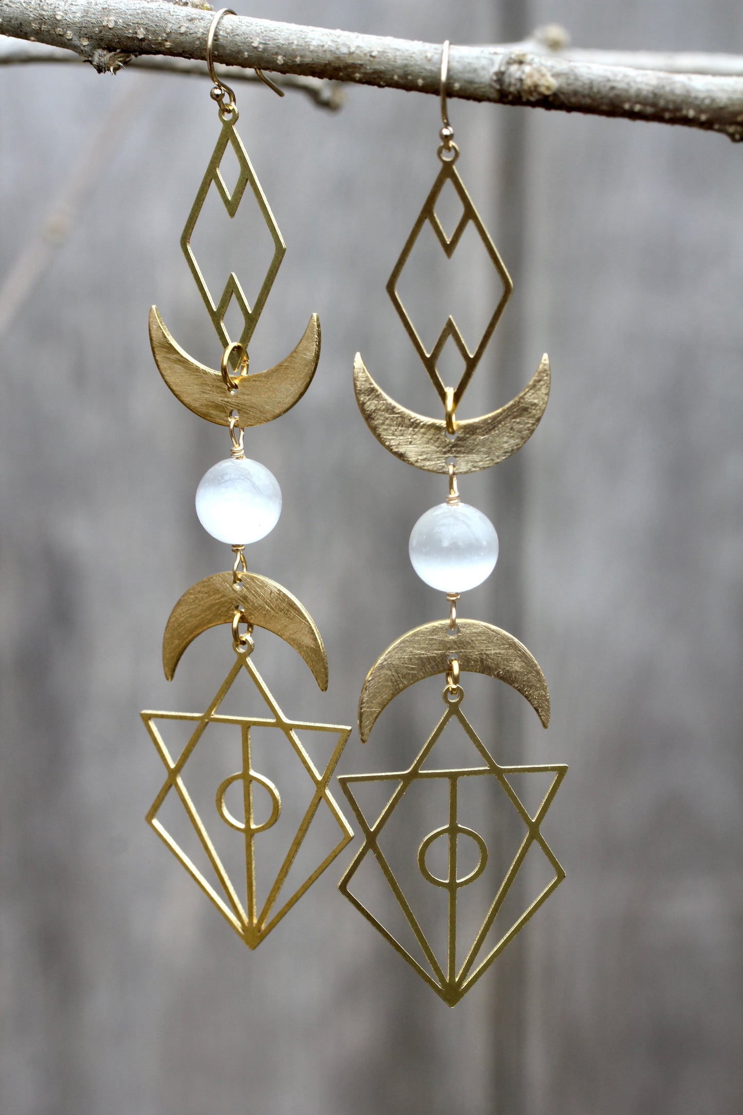 Geometric Selenite Moon Goddess Earrings