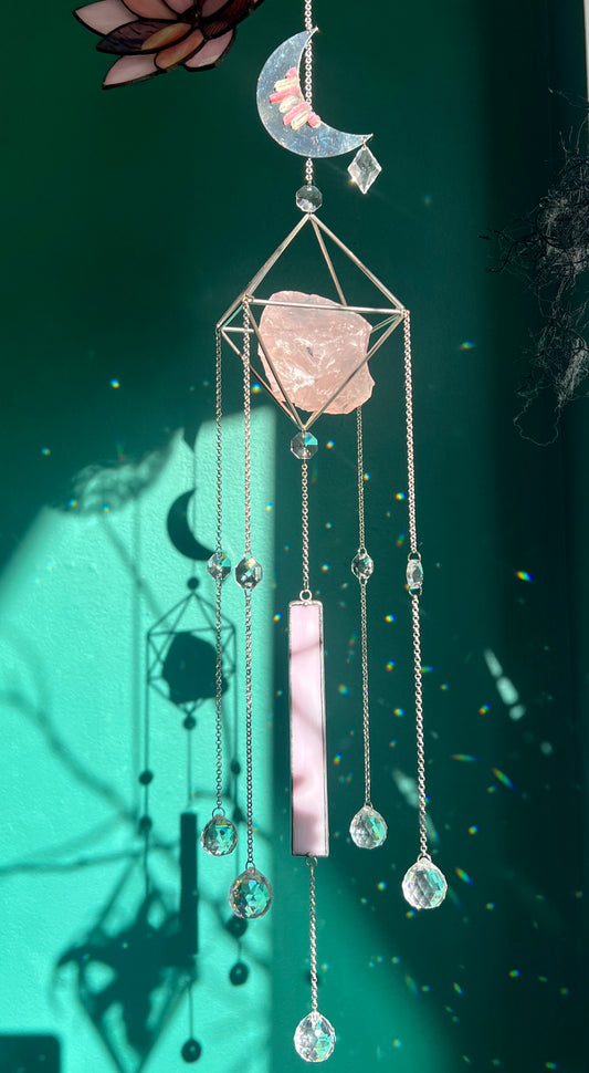 Rose Quartz Preciosa Crystal Moon Sun Catcher Chandelier