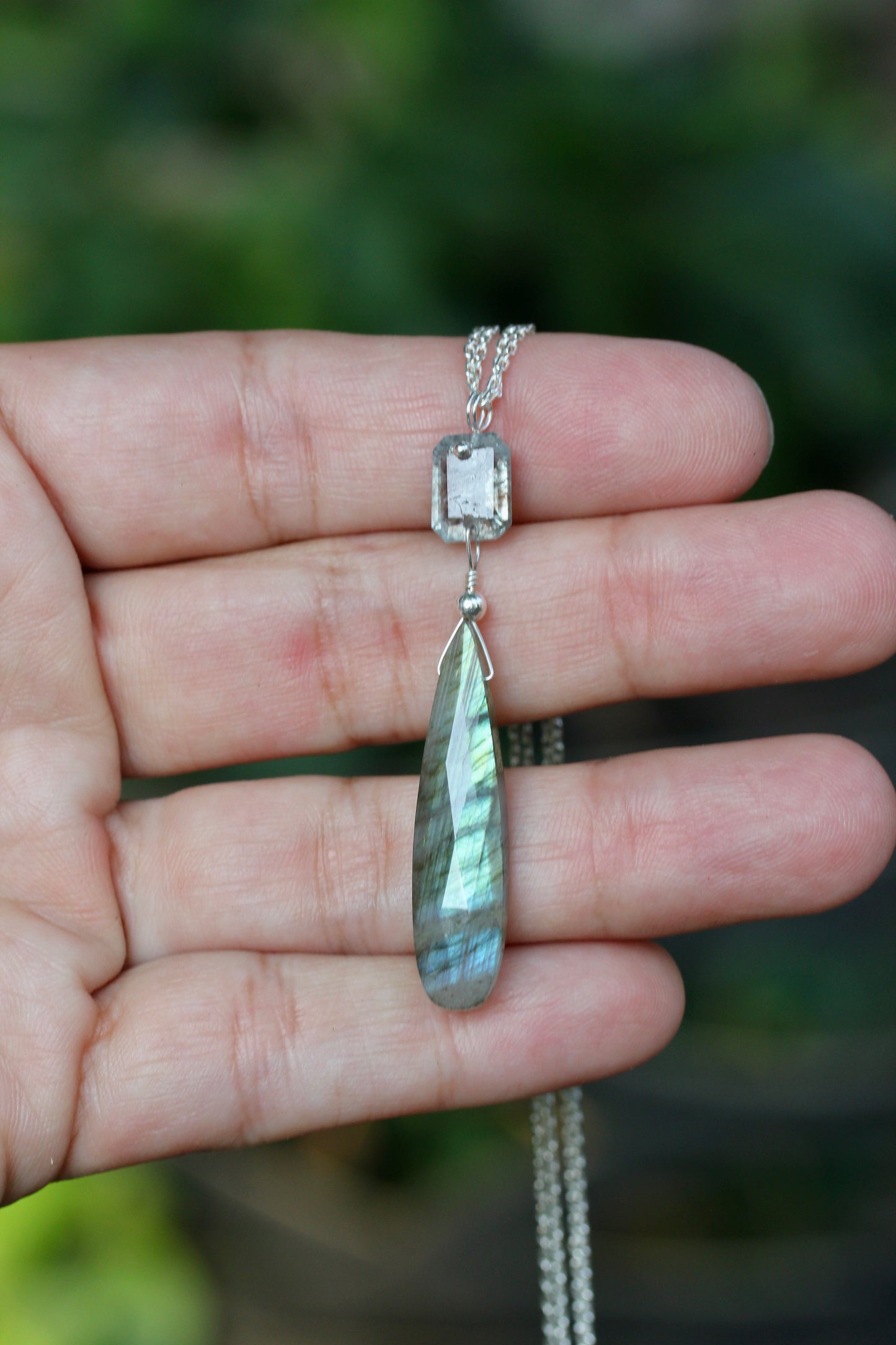 Labradorite Aquamarine Long Drop Necklace