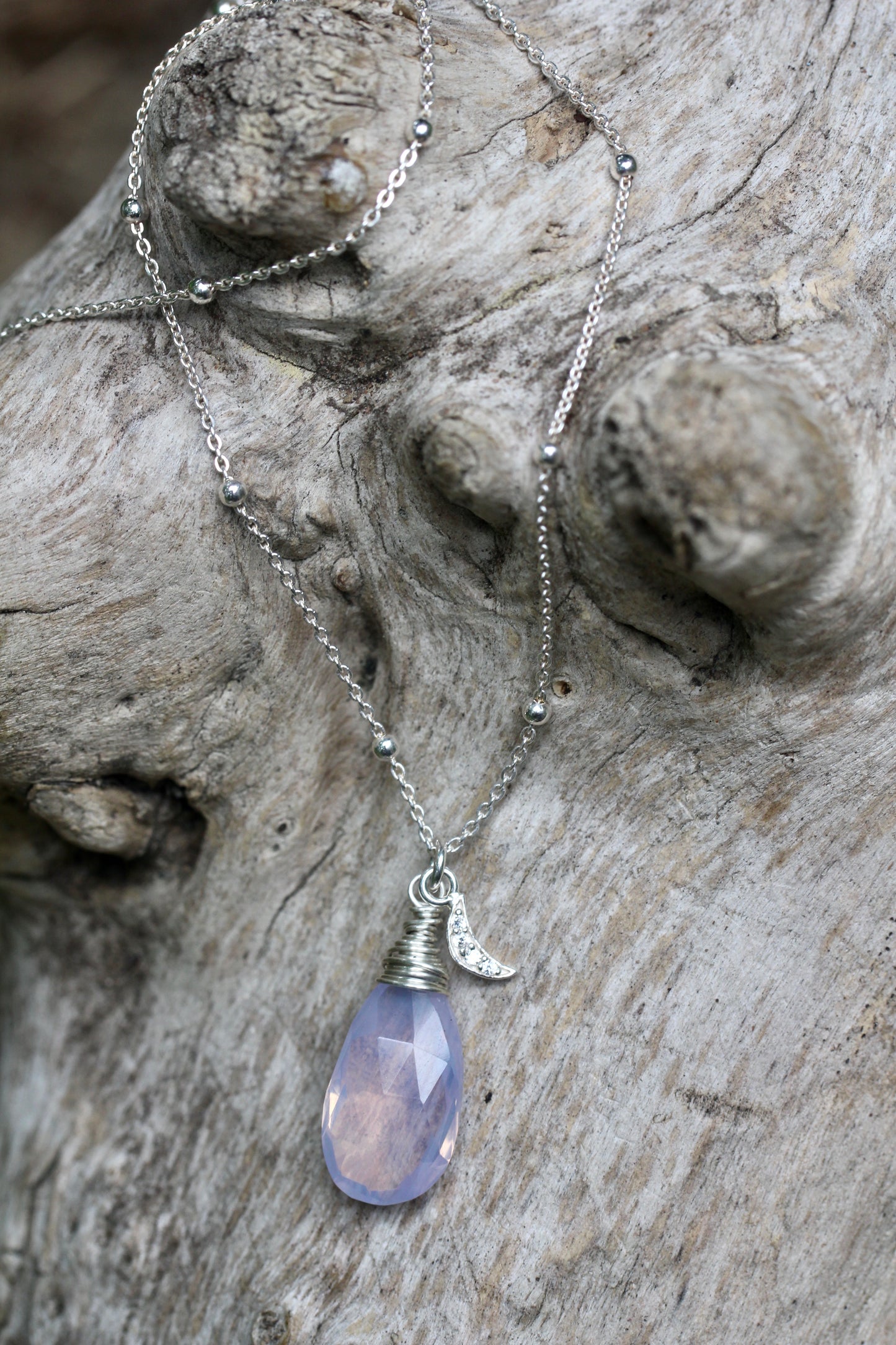 Lavender Quartz Crescent Moon Teardrop Necklace