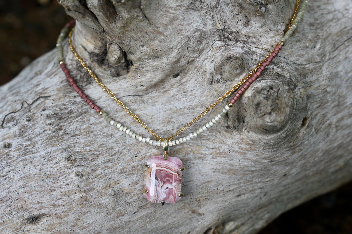 Rhodochrosite Delica Glass Bead Multi Strand Necklace