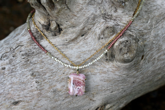 Rhodochrosite Delica Glass Bead Multi Strand Necklace