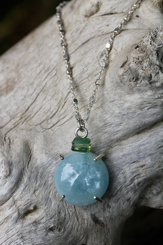 Aquamarine Green Tourmaline Cabochon Silver Necklace