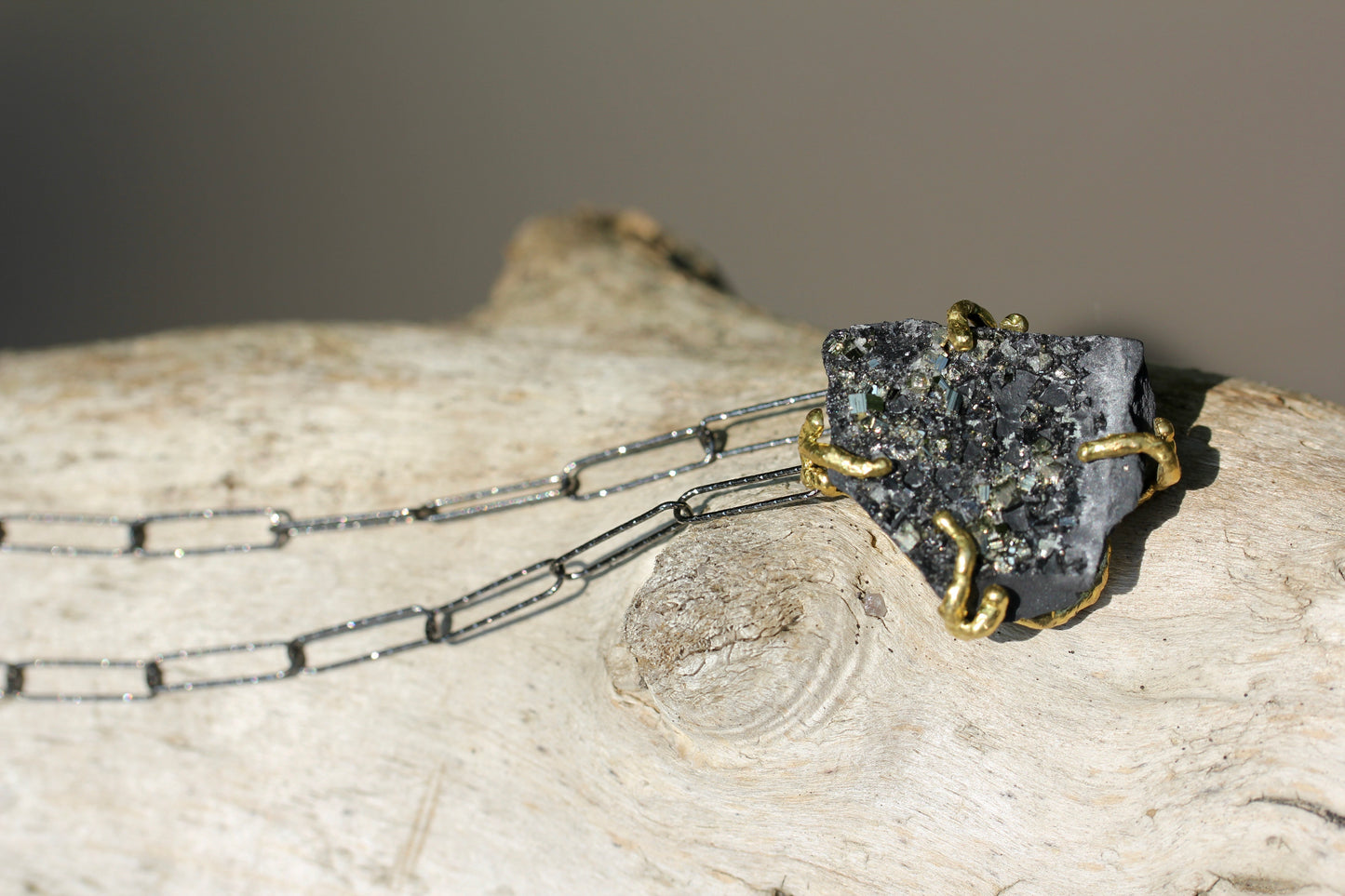 Pyrite in Basalt Black Paperclip Chain Necklace