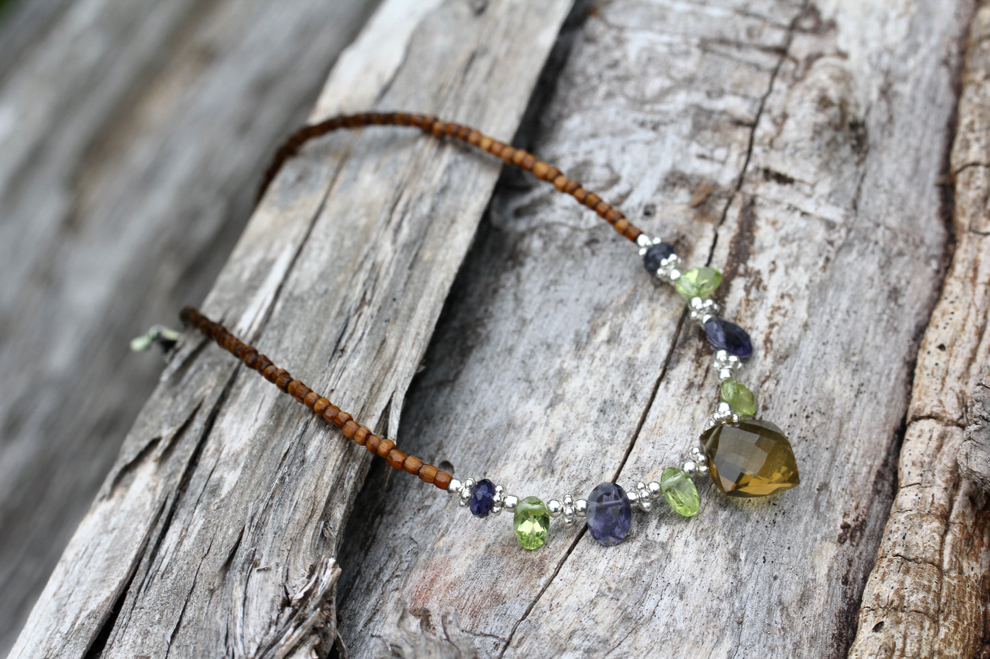 Beer Quartz Peridot Iolite Beaded Necklace