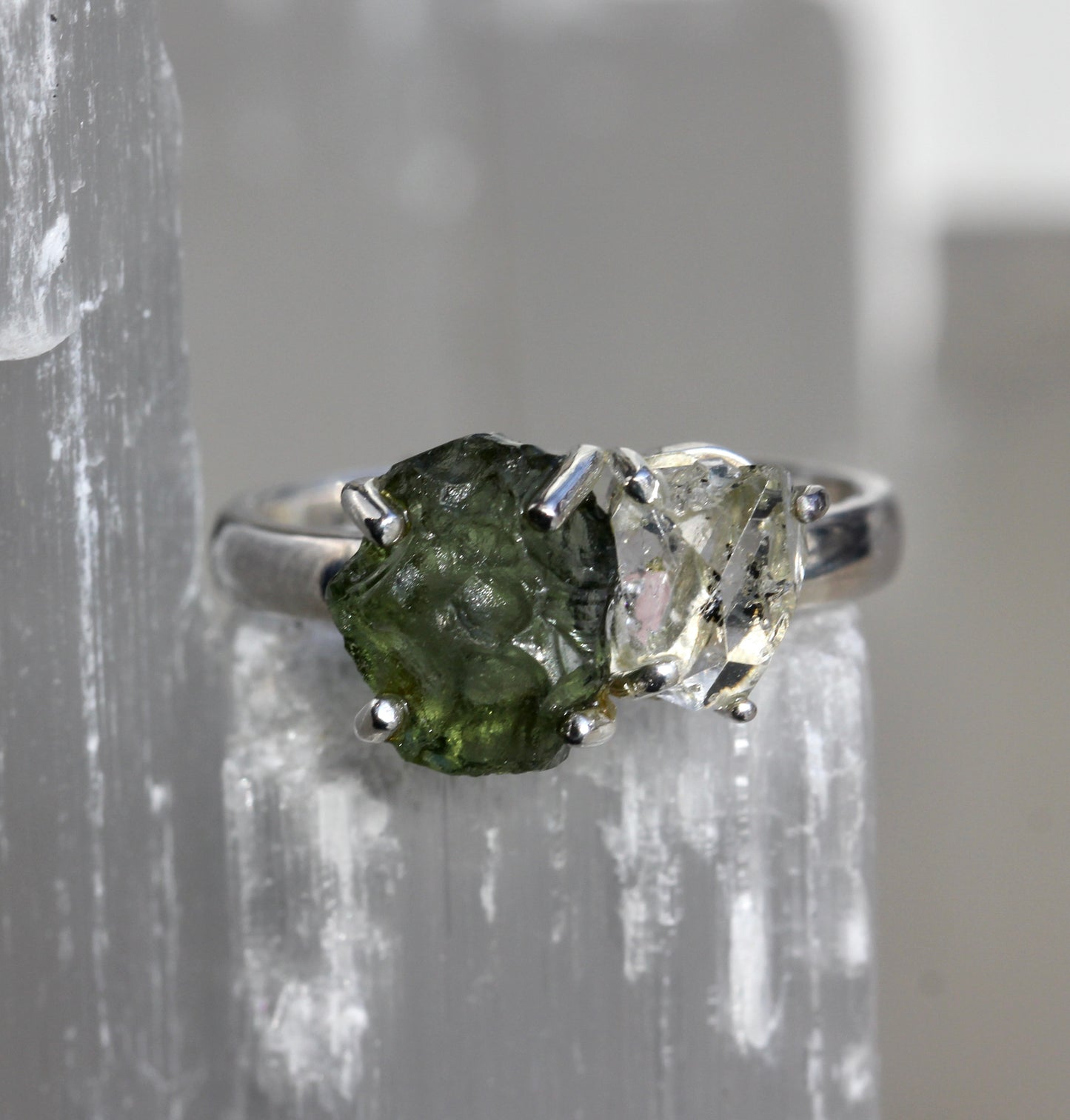 Moldavite Pakimer Diamond Ring