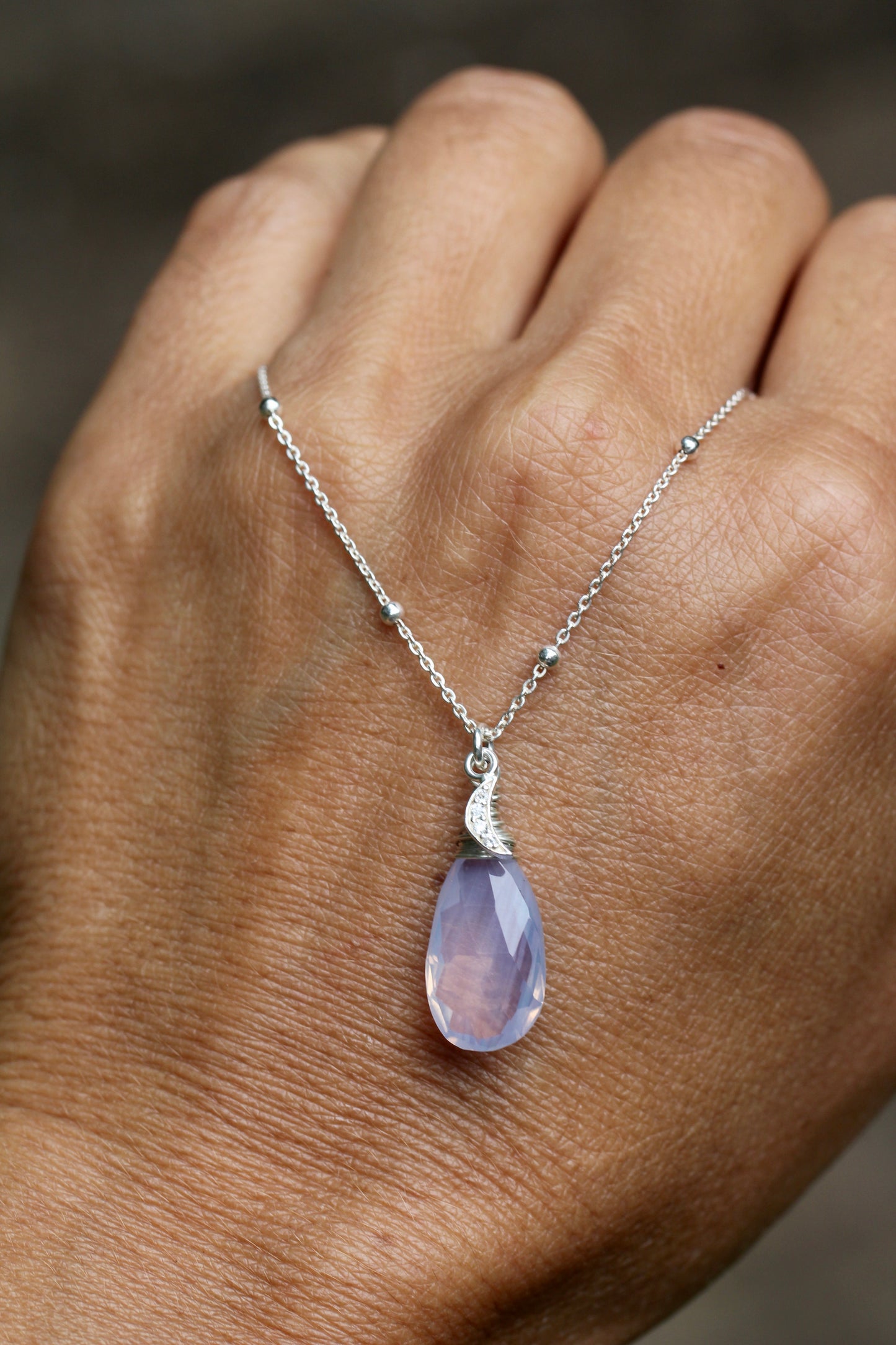 Lavender Quartz Crescent Moon Teardrop Necklace