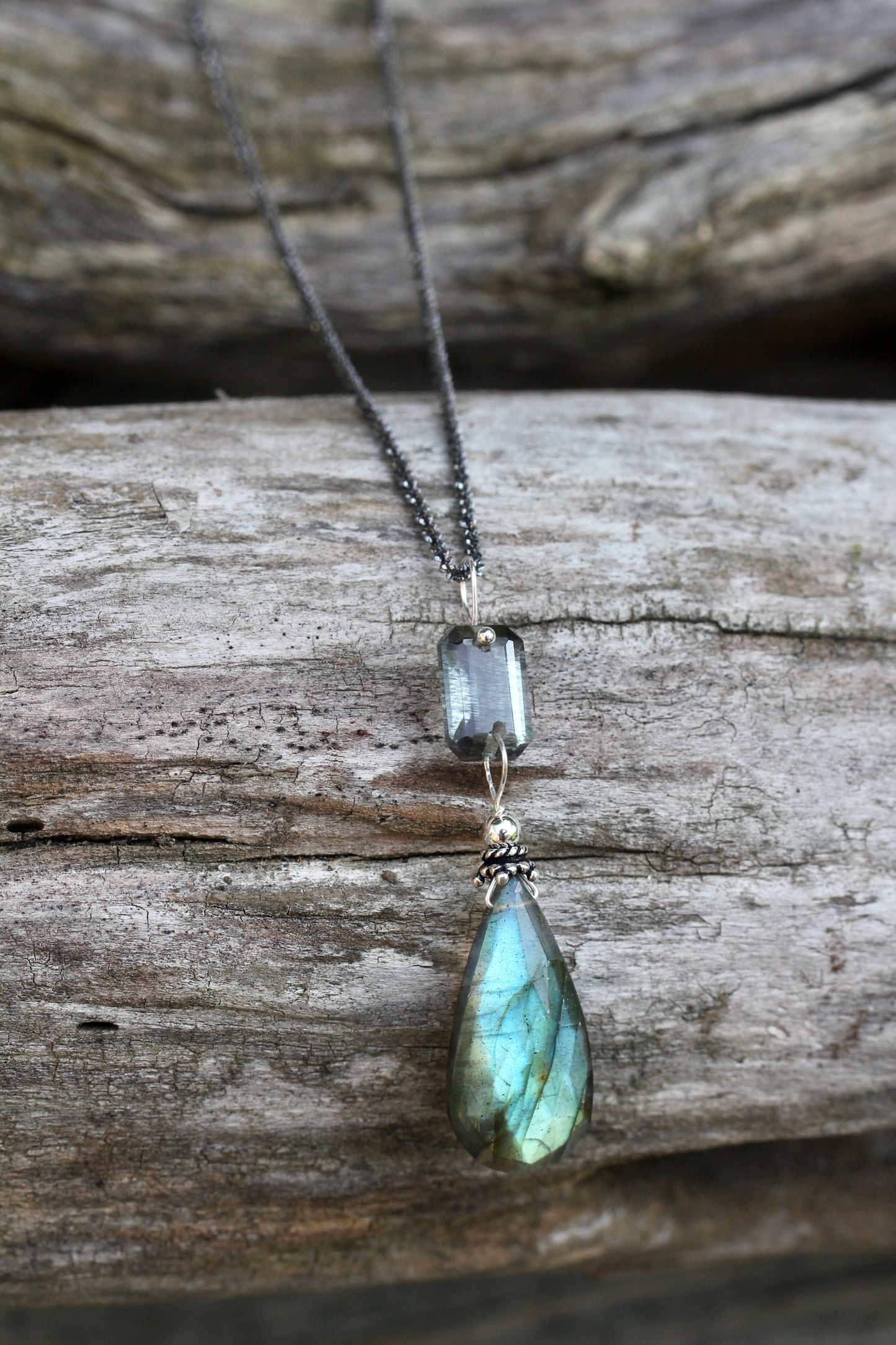 Labradorite Aquamarine Oxidized Silver Necklace