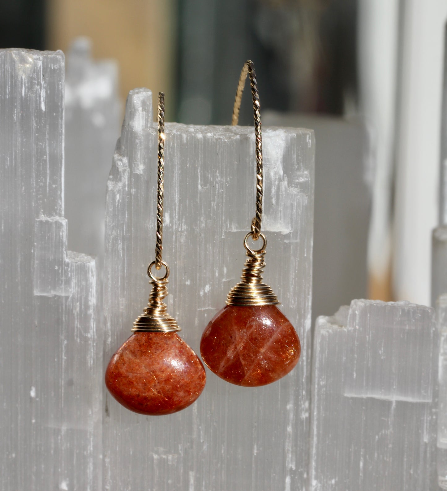 Sunstone Sparkle V Wire Gold Earrings