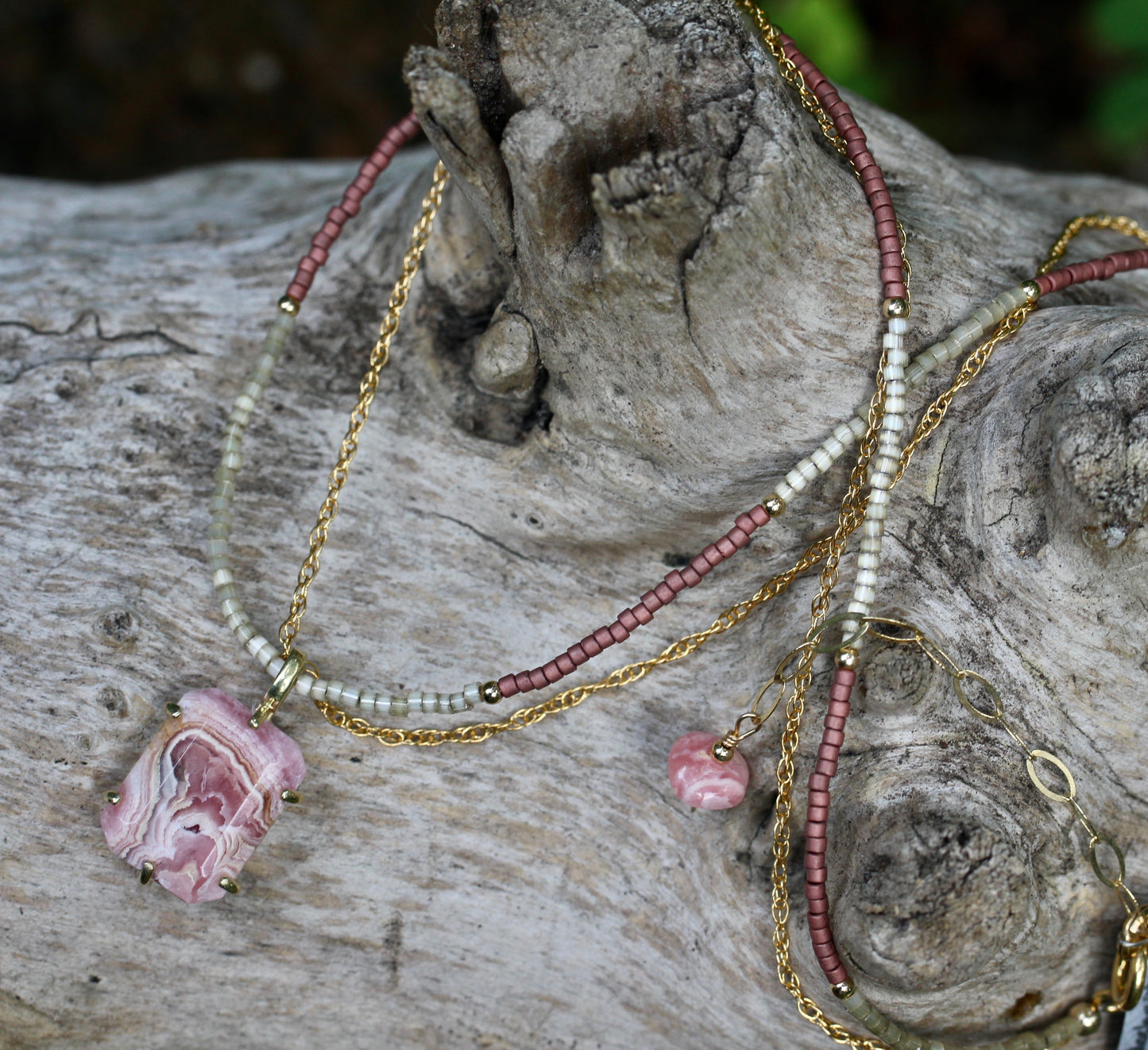 Rhodochrosite Delica Glass Bead Multi Strand Necklace