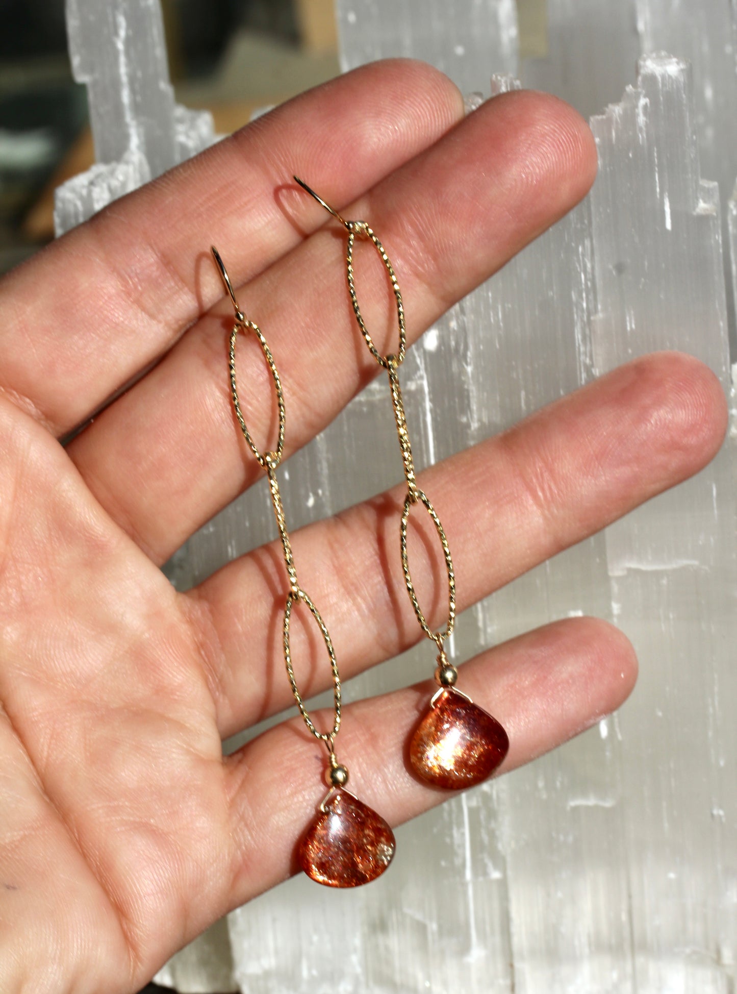 Sunstone Long Sparkle Chain Drop Earrings in Gold