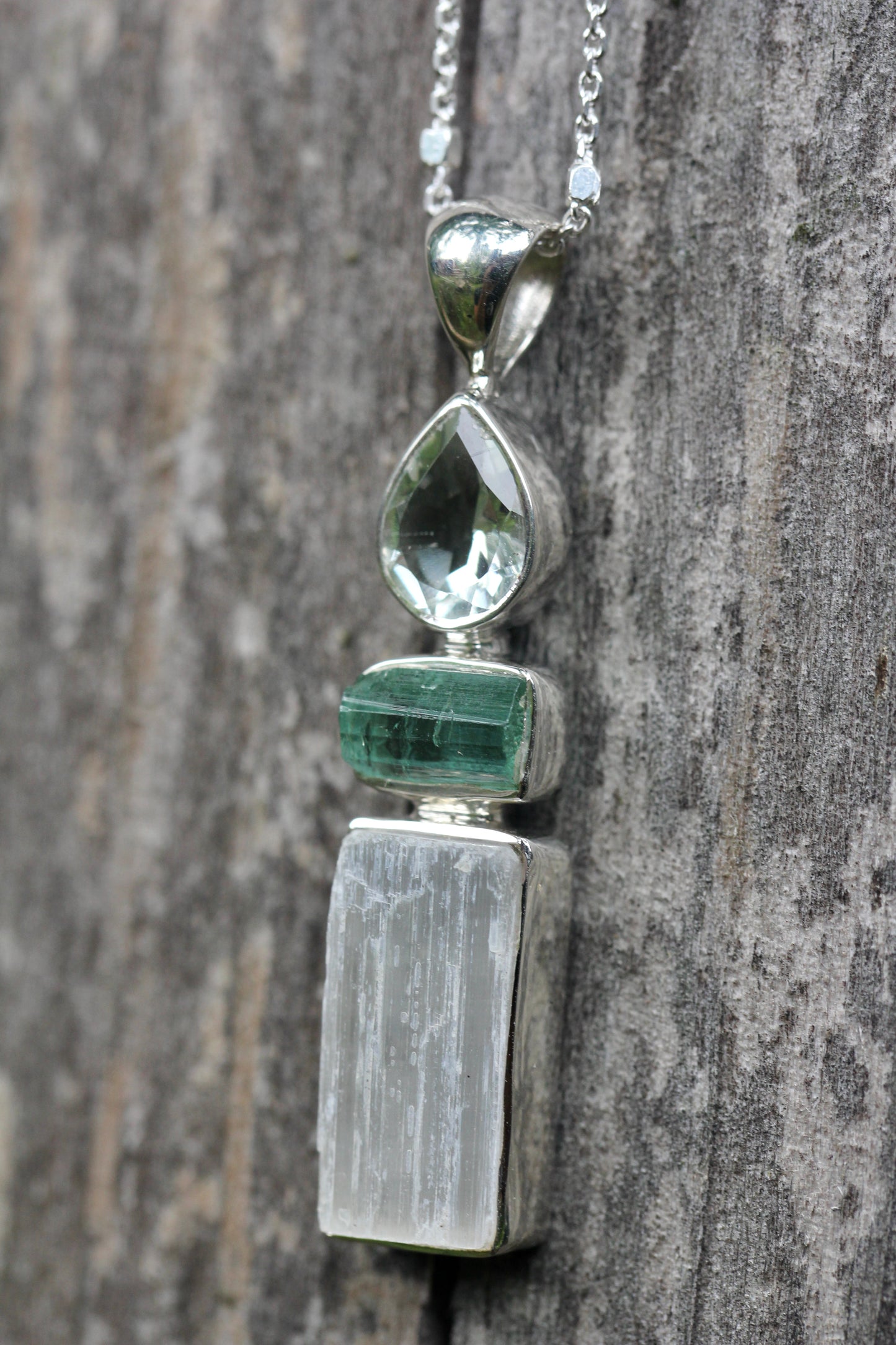 Selenite Tourmaline Prasiolite Necklace