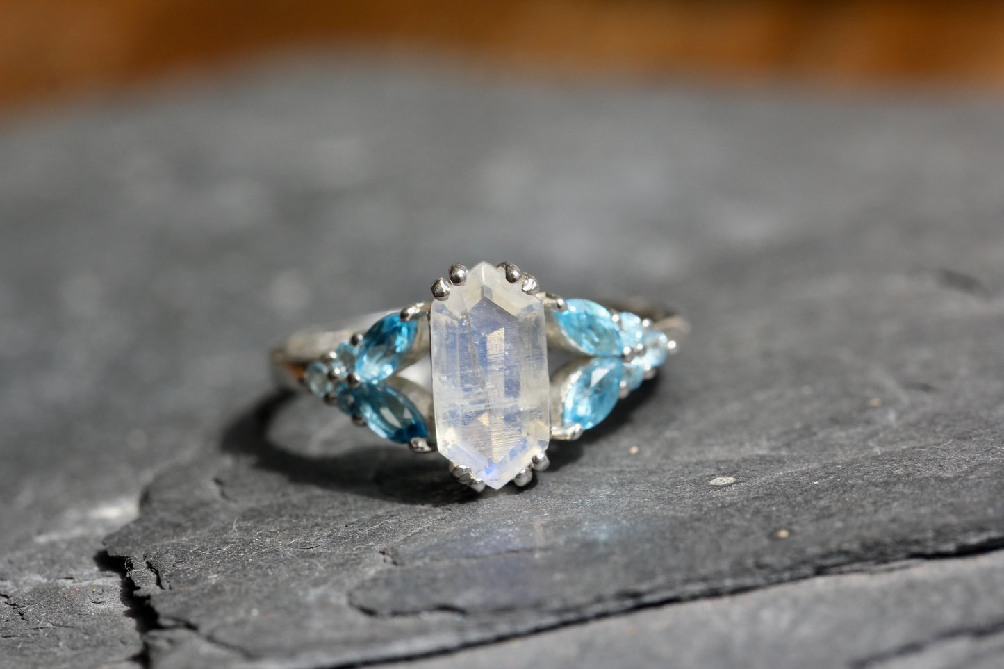 Rainbow Moonstone Blue Topaz Fairy Tale Ring