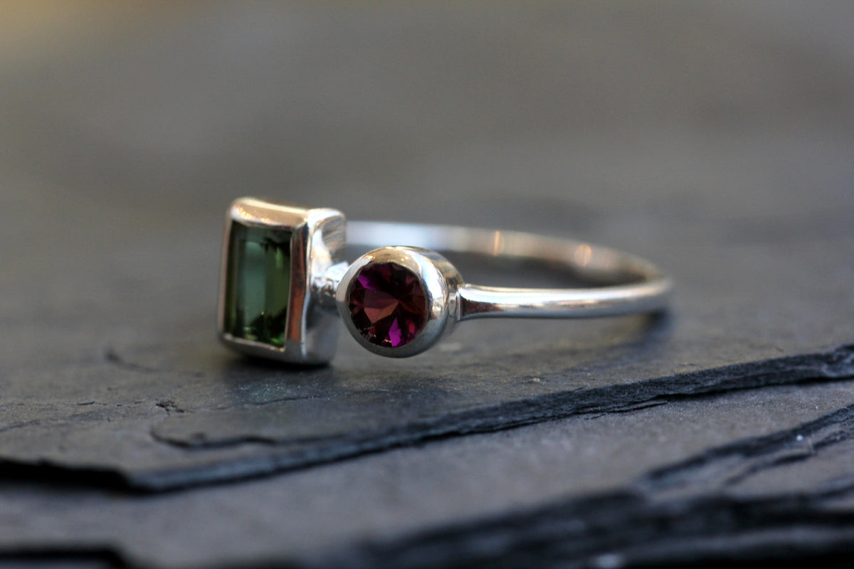 Pink and Green Tourmaline Silver Ring