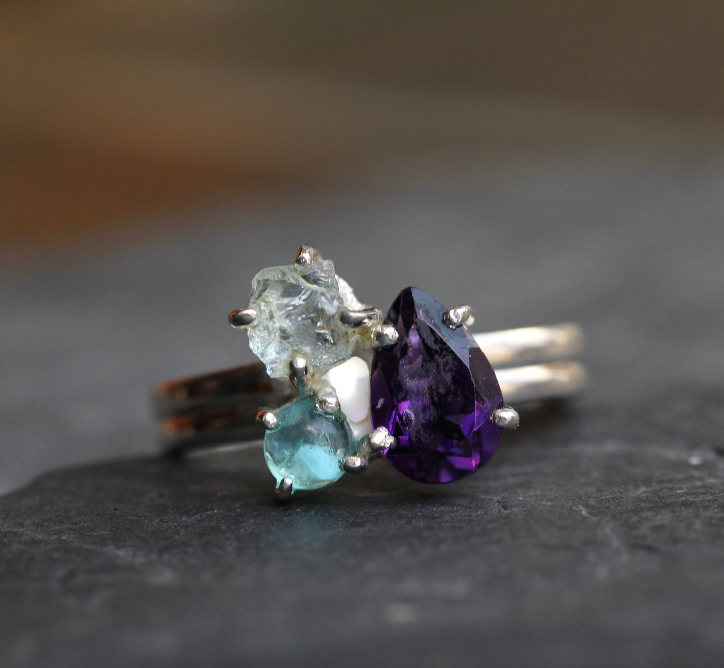 Amethyst Aquamarine Blue Apatite Ring