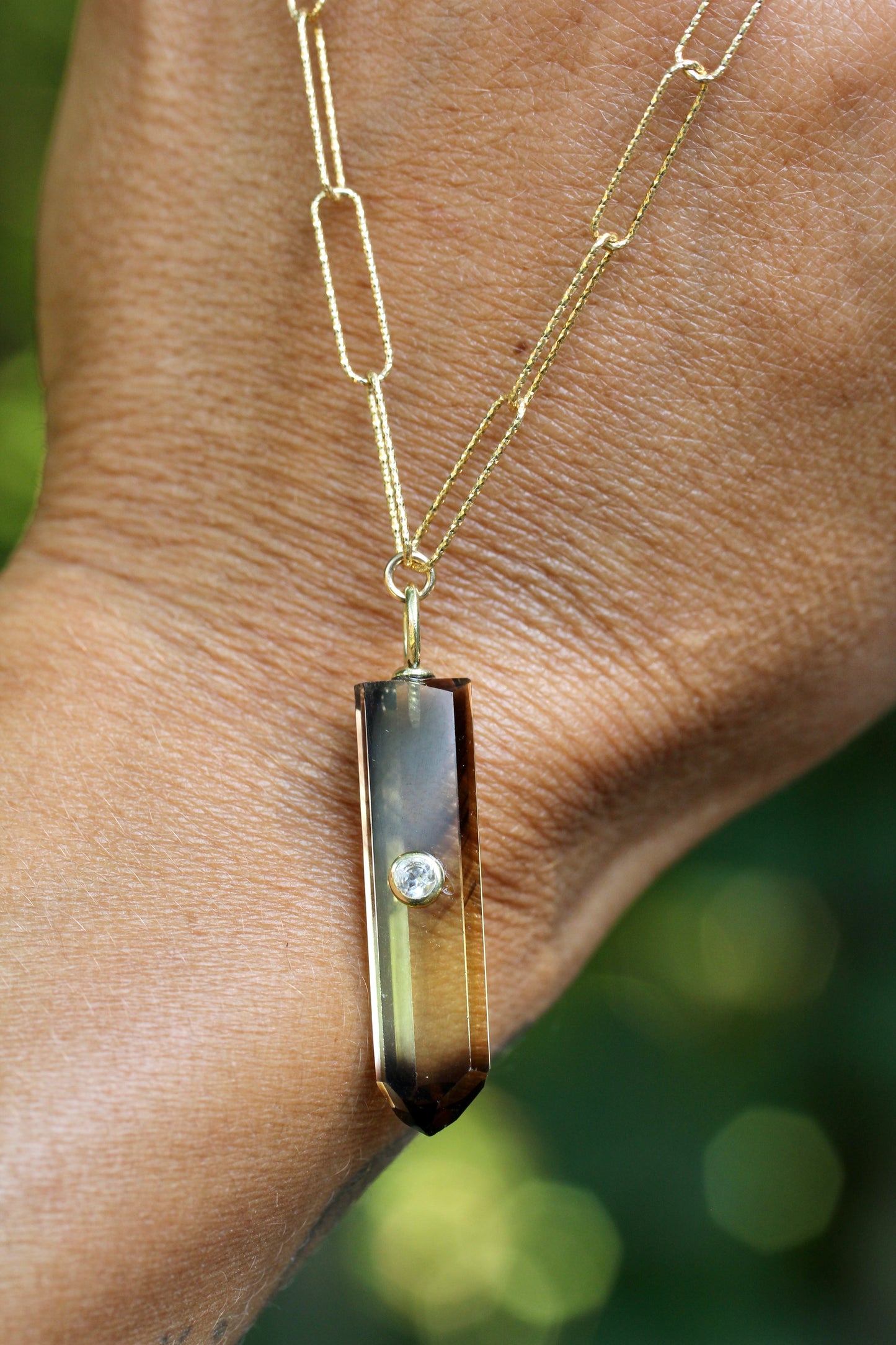 Bi Colored Smokey Quartz Crystal Gold Necklace