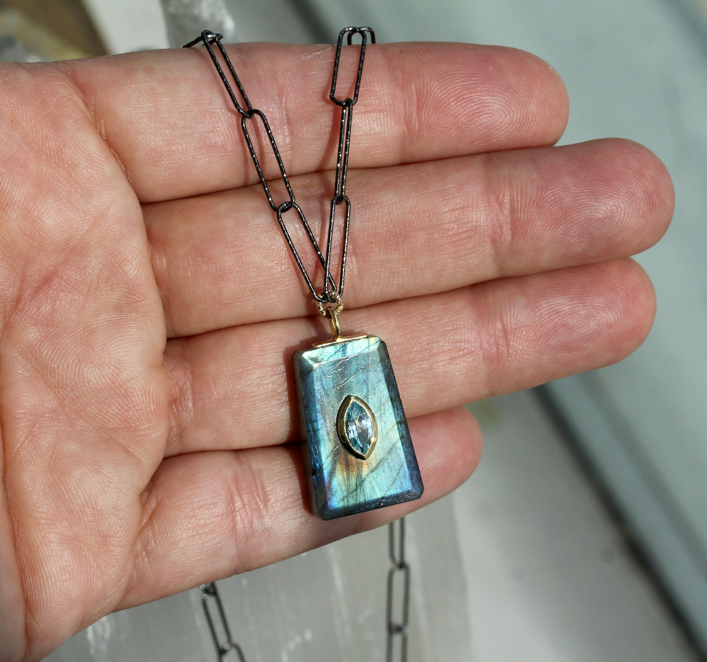Labradorite Blue Topaz Encrusted Paperclip Chain Necklace