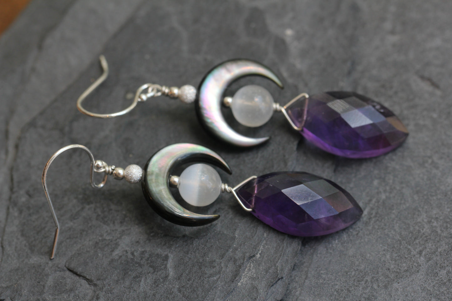 Amethyst Black Mother of Pearl Selenite Crescent Moon Earrings