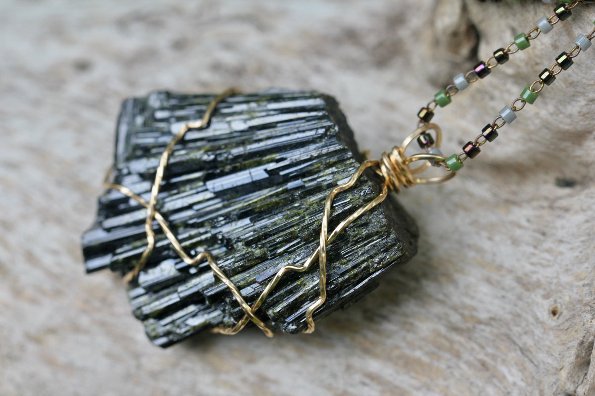 Chunky Epidote Glass Bead Chain Necklace