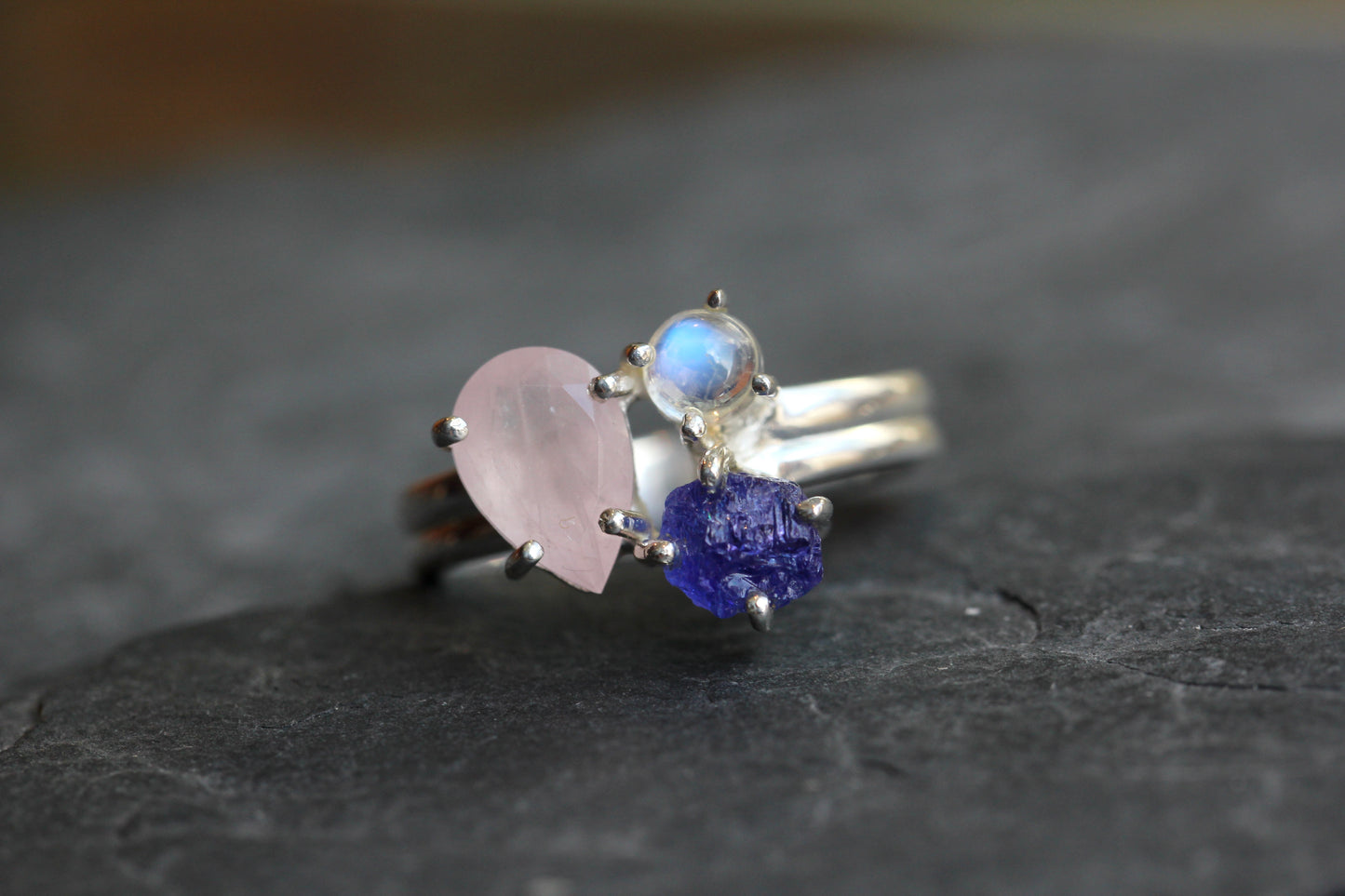 Rose Quartz Tanzanite Rainbow Moonstone Ring