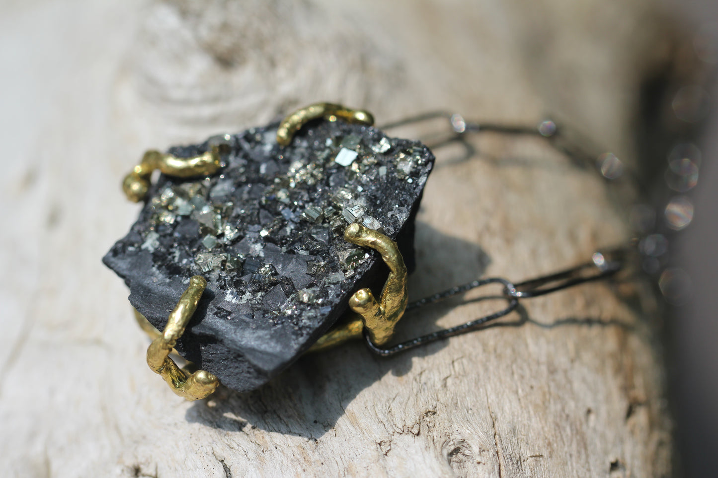 Pyrite in Basalt Black Paperclip Chain Necklace