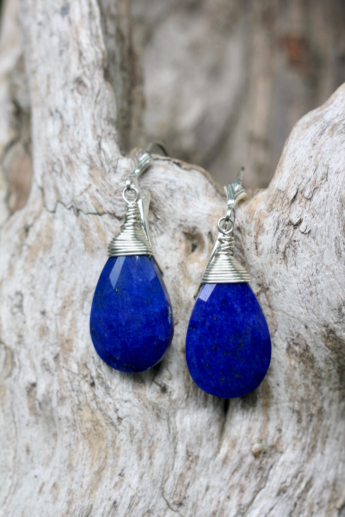 Lapis Teardrop Silver Wrap Earrings