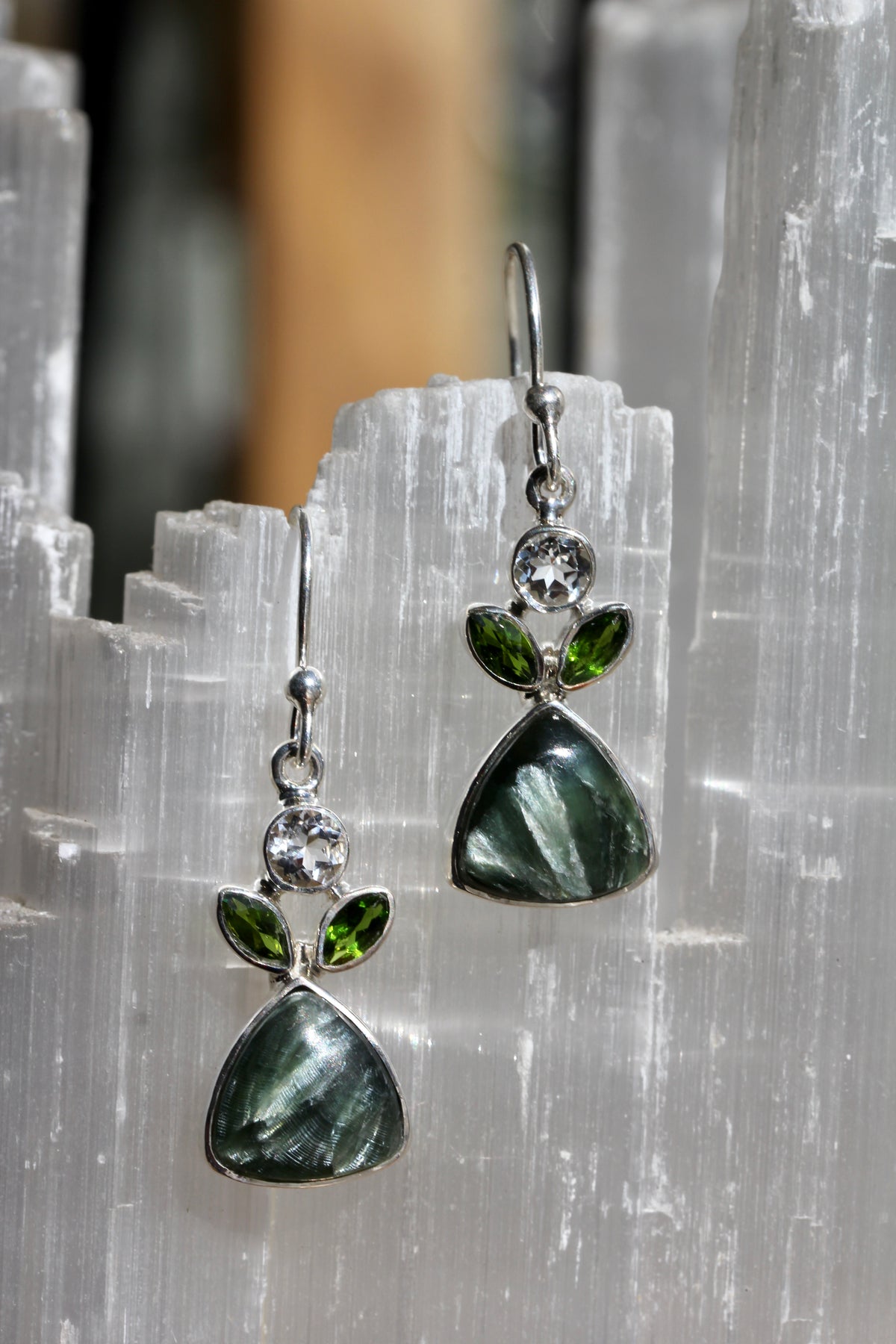 Seraphinite Diopside Topaz Tri Leaf Earrings
