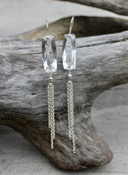 Quartz Baguette Silver Chain Fringe Earrings