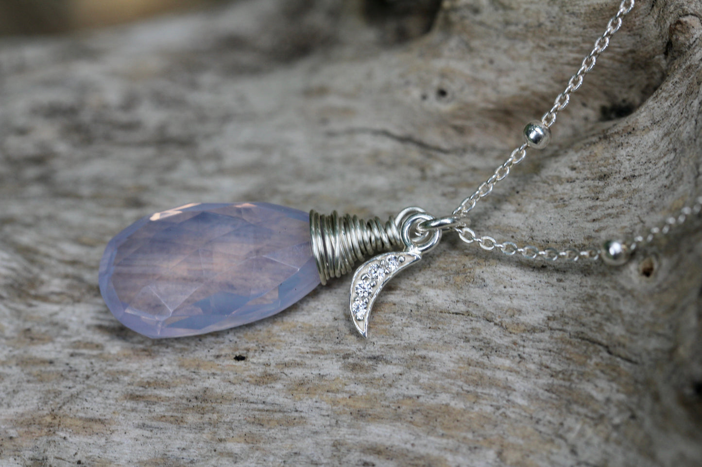 Lavender Quartz Crescent Moon Teardrop Necklace