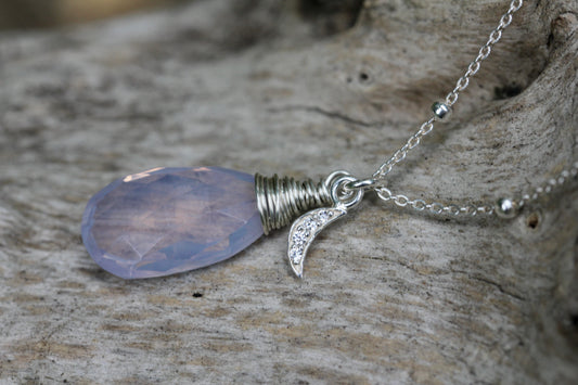 Lavender Quartz Crescent Moon Teardrop Necklace