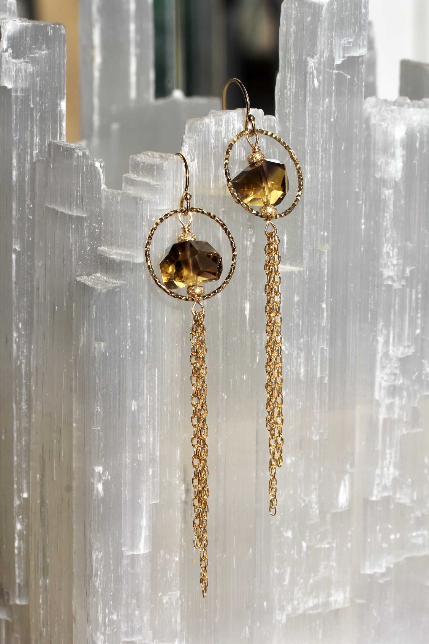 Whisky Quartz Nugget Gold Chain Tassel Earrings