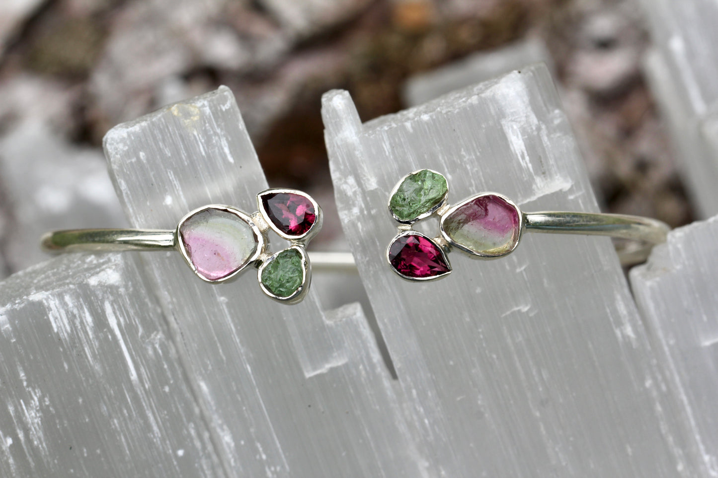 Watermelon Tourmaline Cluster Silver Bracelet