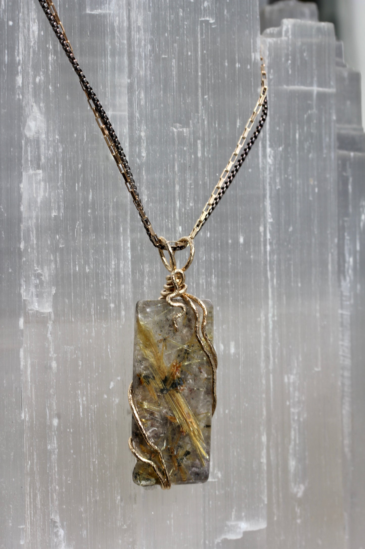 Rutilated Quartz Tile Gold Wrap Necklace