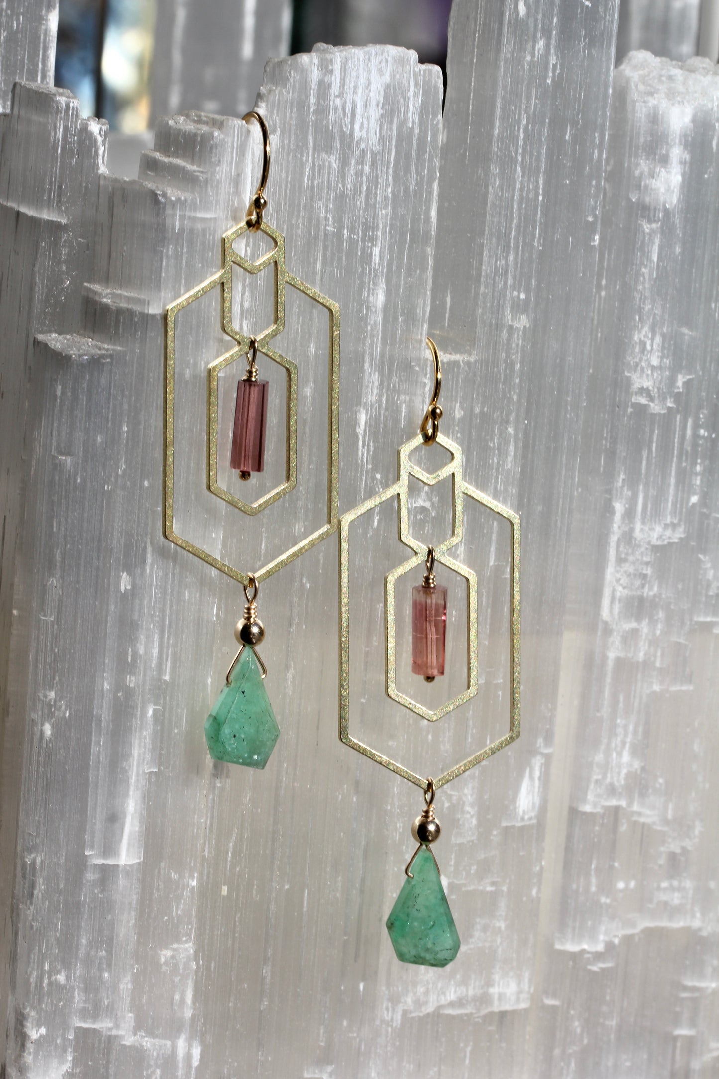 Emerald Tourmaline Window Frame Earrings