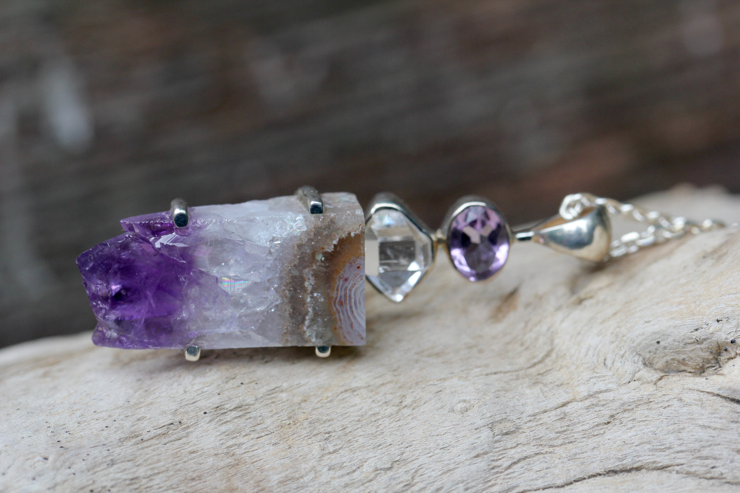 Amethyst Slice Herkimer Diamond Pendant