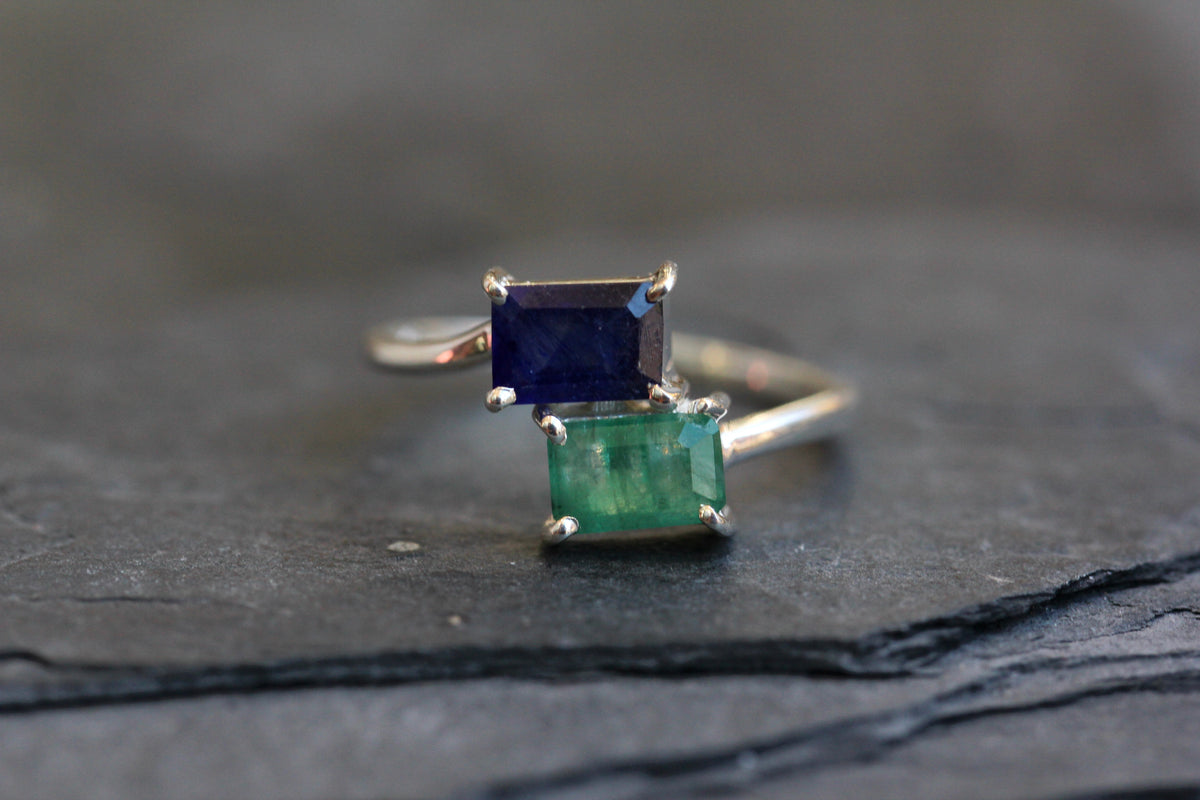 Sapphire Emerald Silver Ring