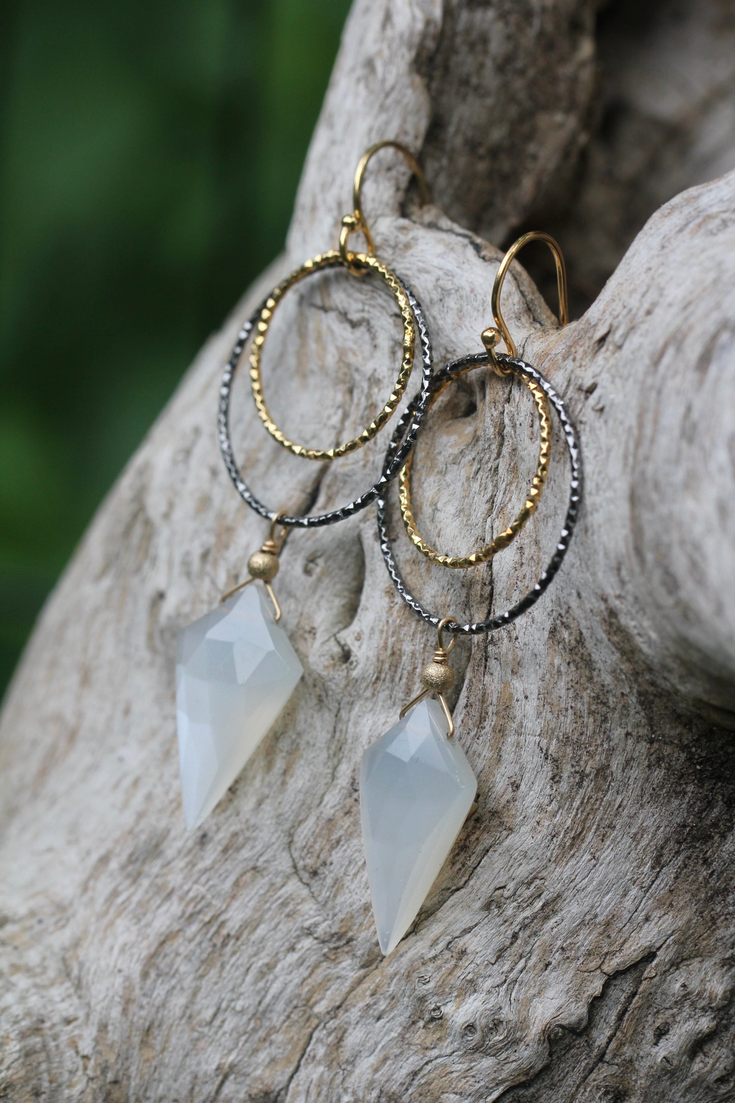 Moonstone Black and Gold Double Ring Drop Earrings