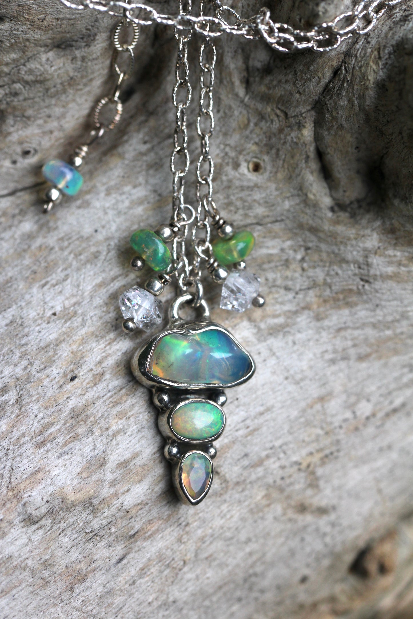 Ethiopian Opal Herkimer Diamond Droplet Silver Necklace