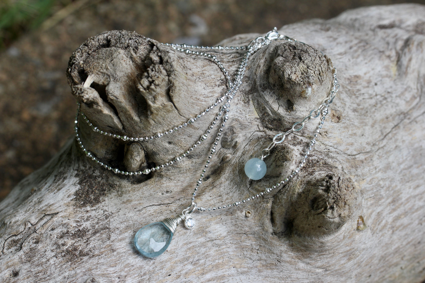 Aquamarine CZ Silver Teardrop Necklace