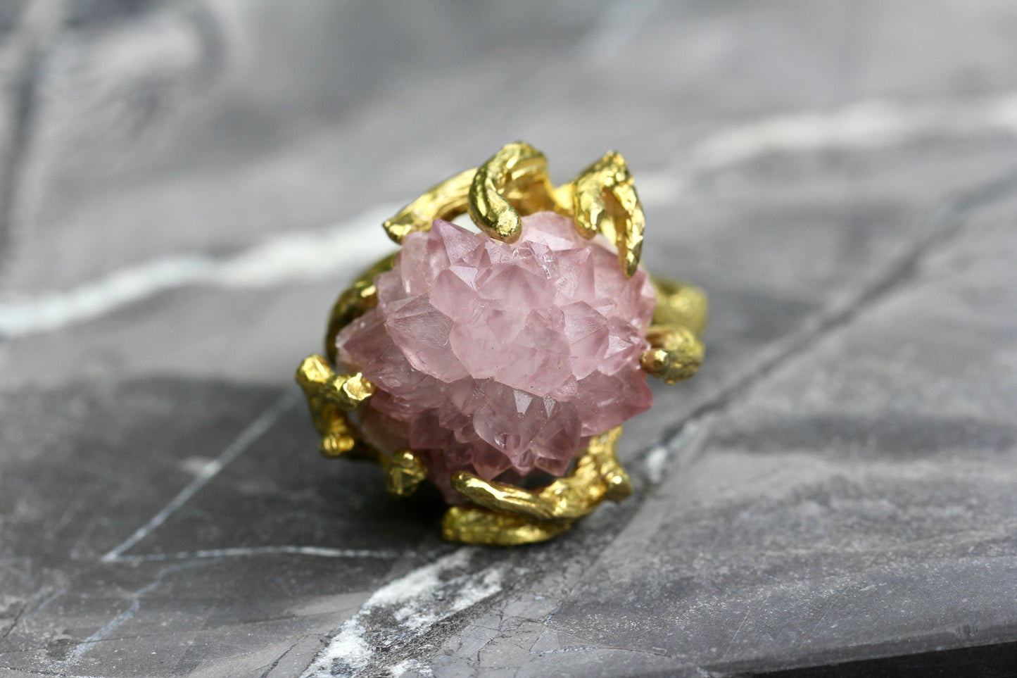 Pink Amethyst Crystal Cluster Branch Ring