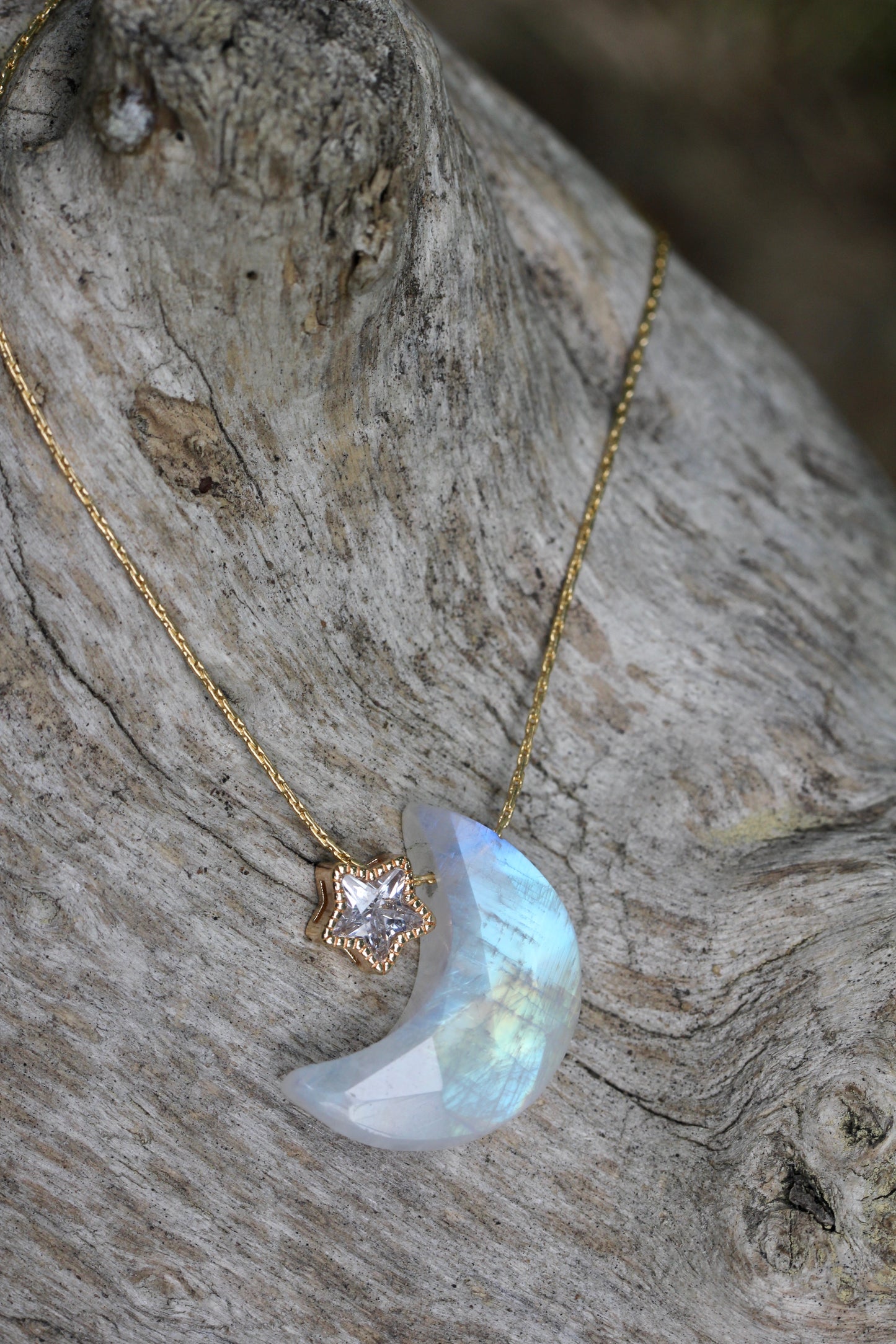 Rainbow Moonstone Moon Star Necklace