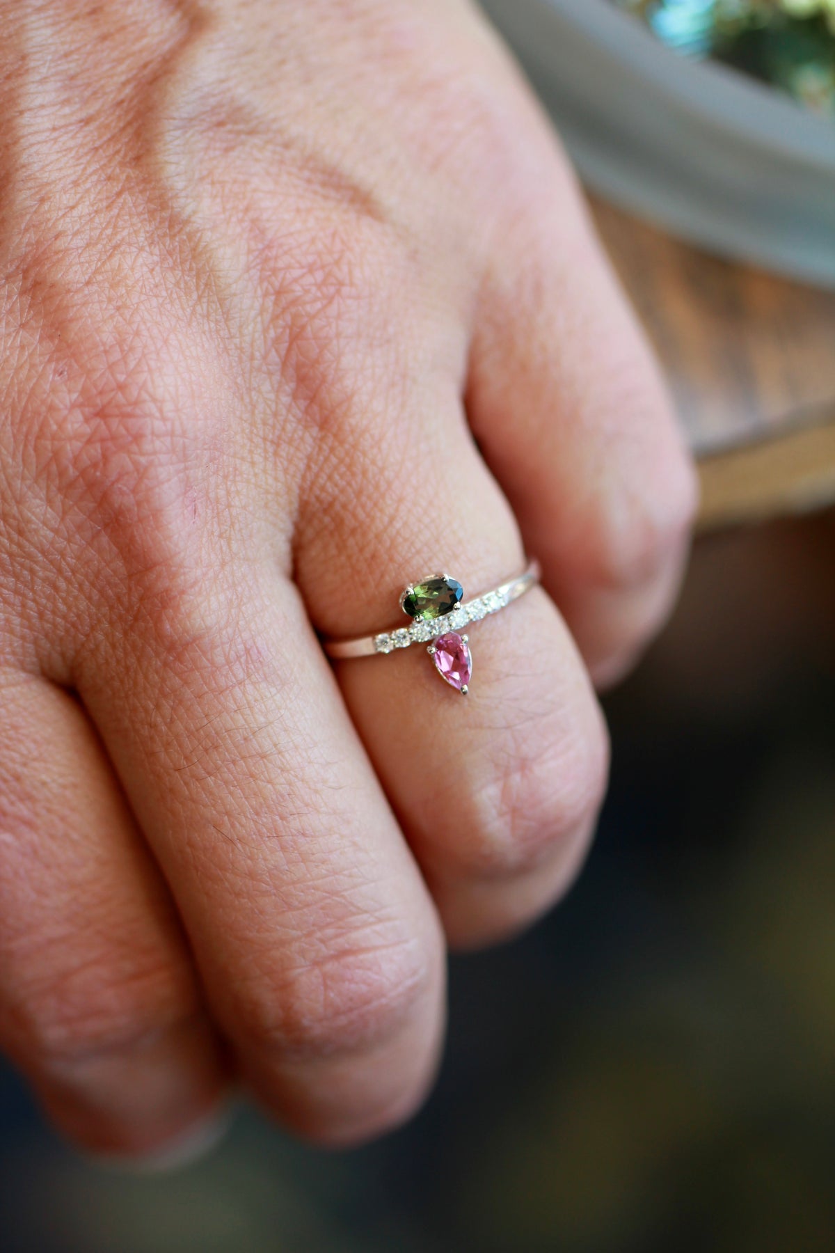 Pink and Green Tourmaline Moissanite Ring