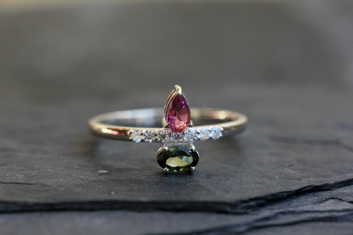 Pink and Green Tourmaline Moissanite Ring