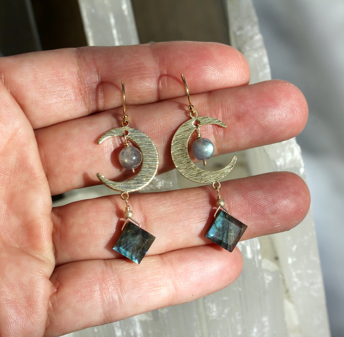 Labradorite Brass Moon Earrings