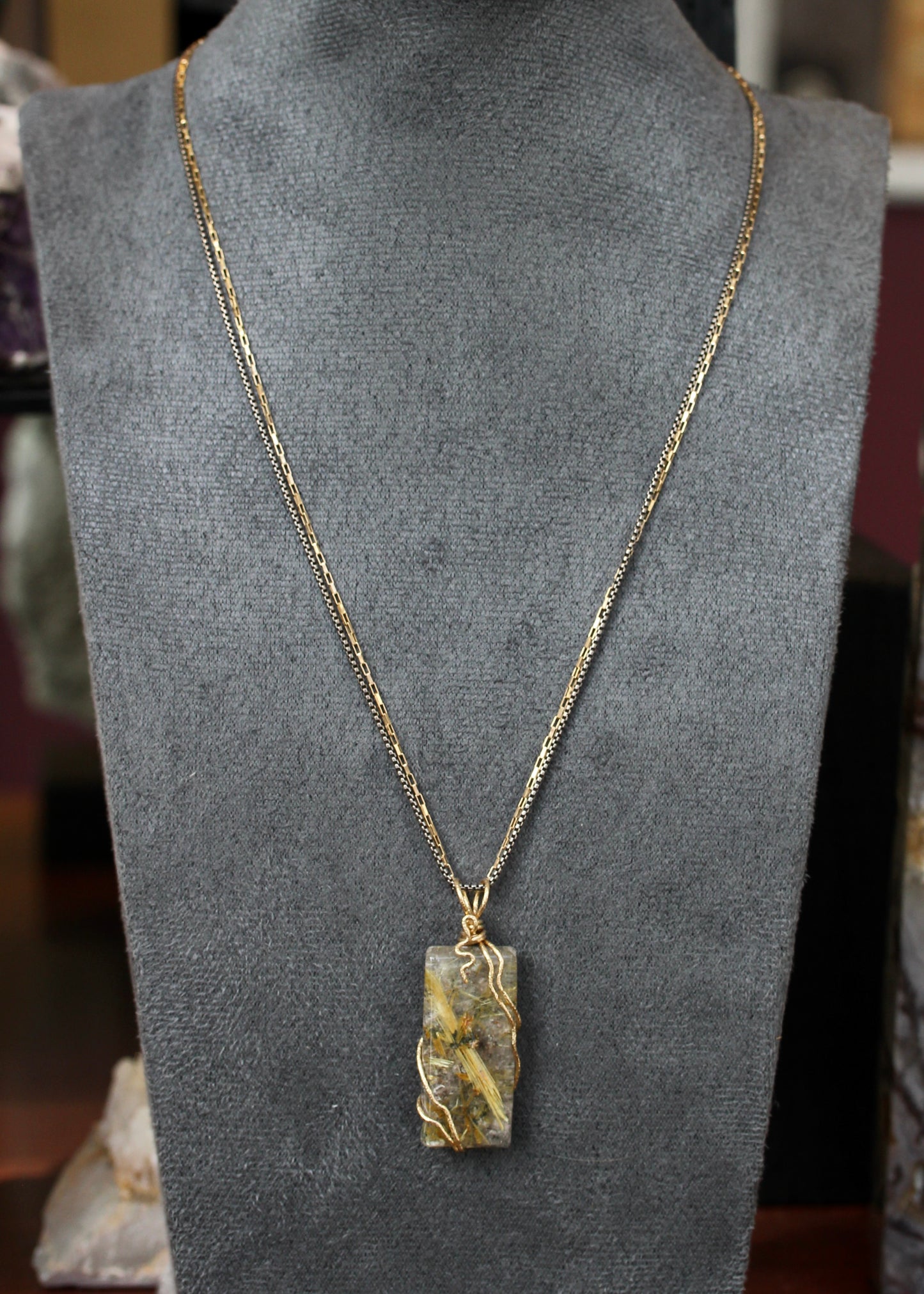Rutilated Quartz Tile Gold Wrap Necklace