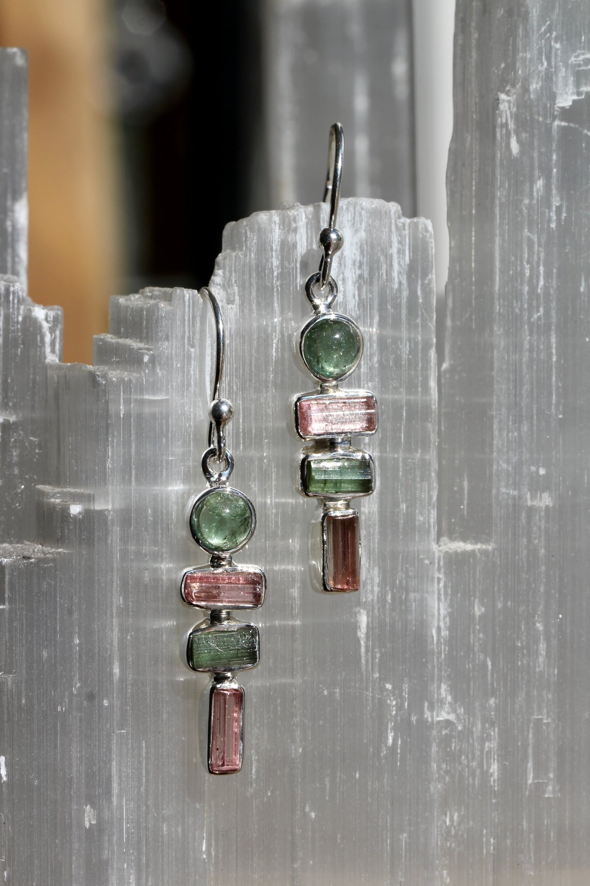 Pink and Green Tourmaline Crystal Earrings