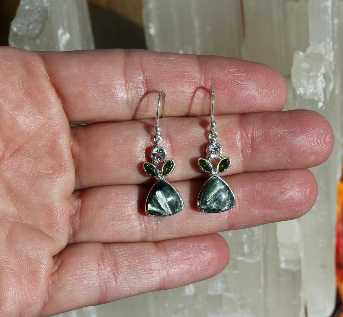 Seraphinite Diopside Topaz Tri Leaf Earrings