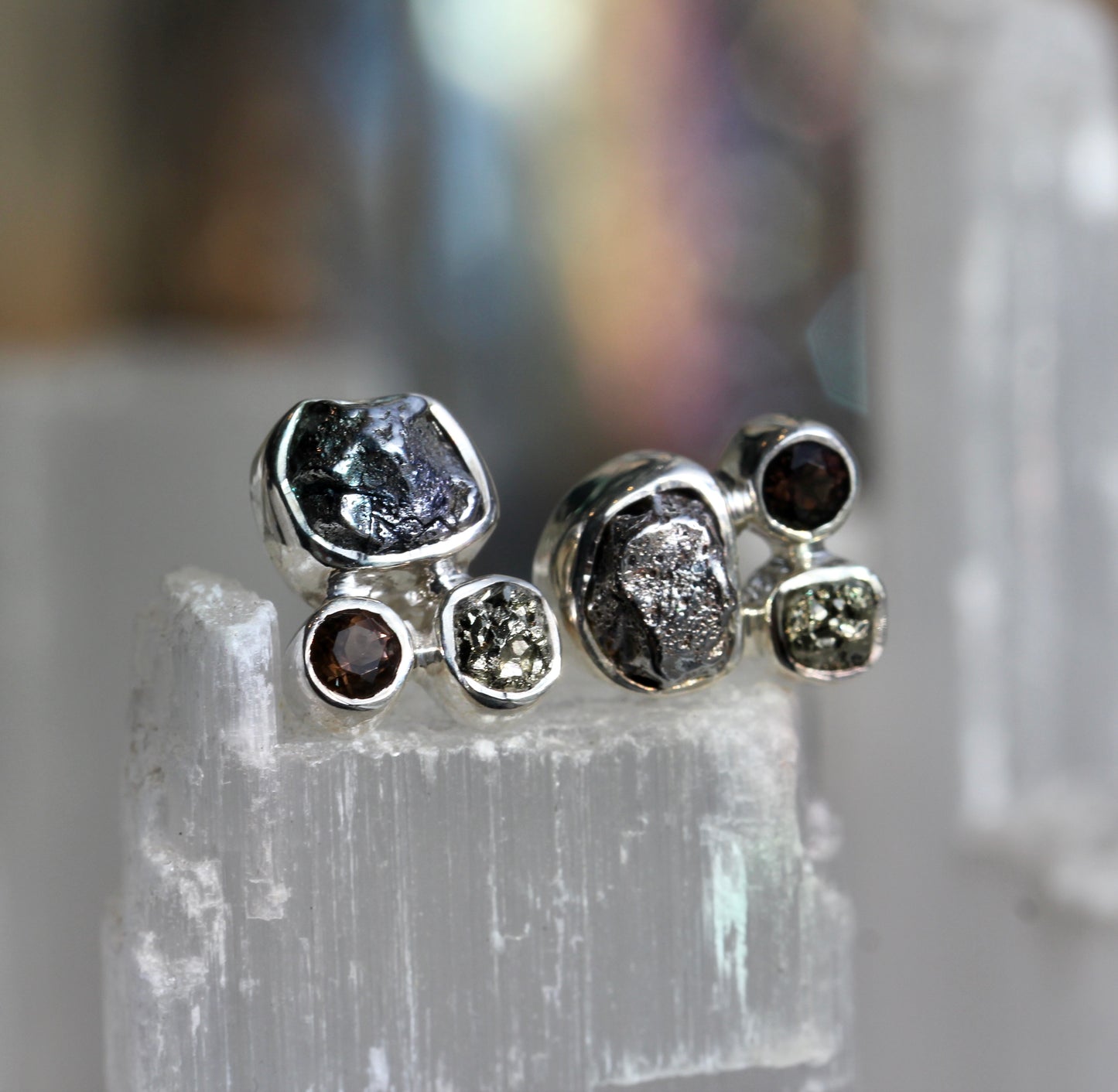 Meteortie Pyrite Smokey Stone Cluster Post Earrings