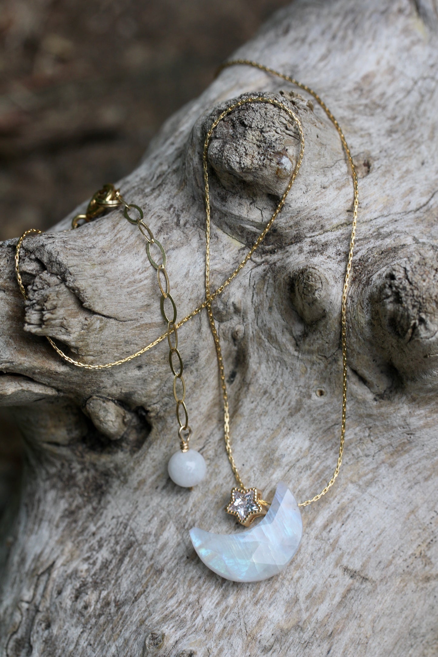 Rainbow Moonstone Moon Star Necklace