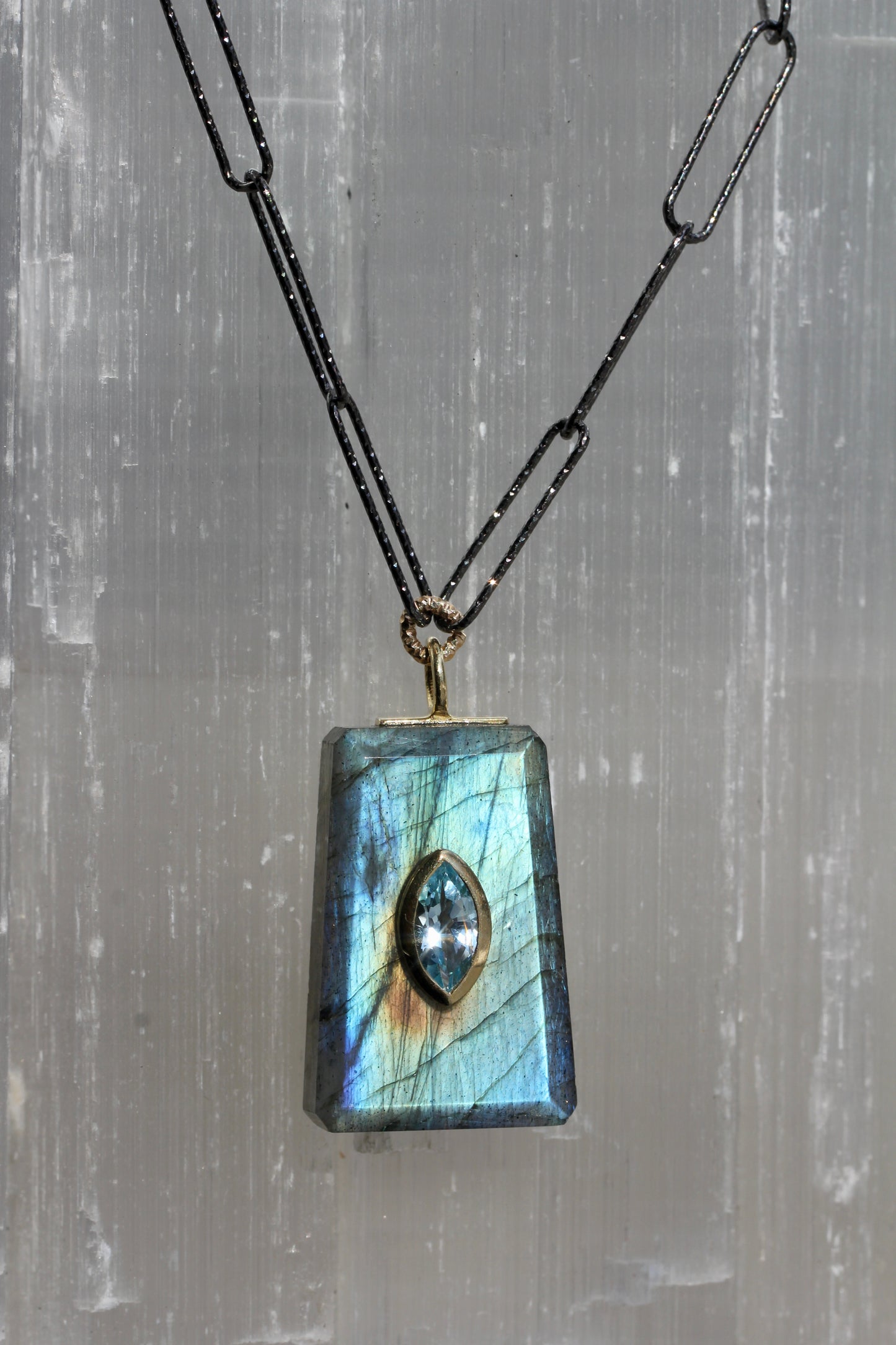Labradorite Blue Topaz Encrusted Paperclip Chain Necklace